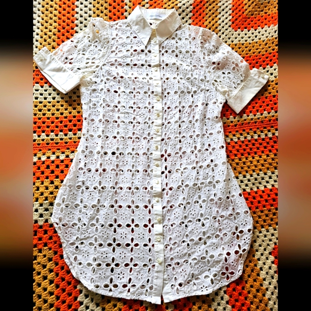 Anne Fontaine French Designer Saline White Eyelet Button-Up Shirt Dress